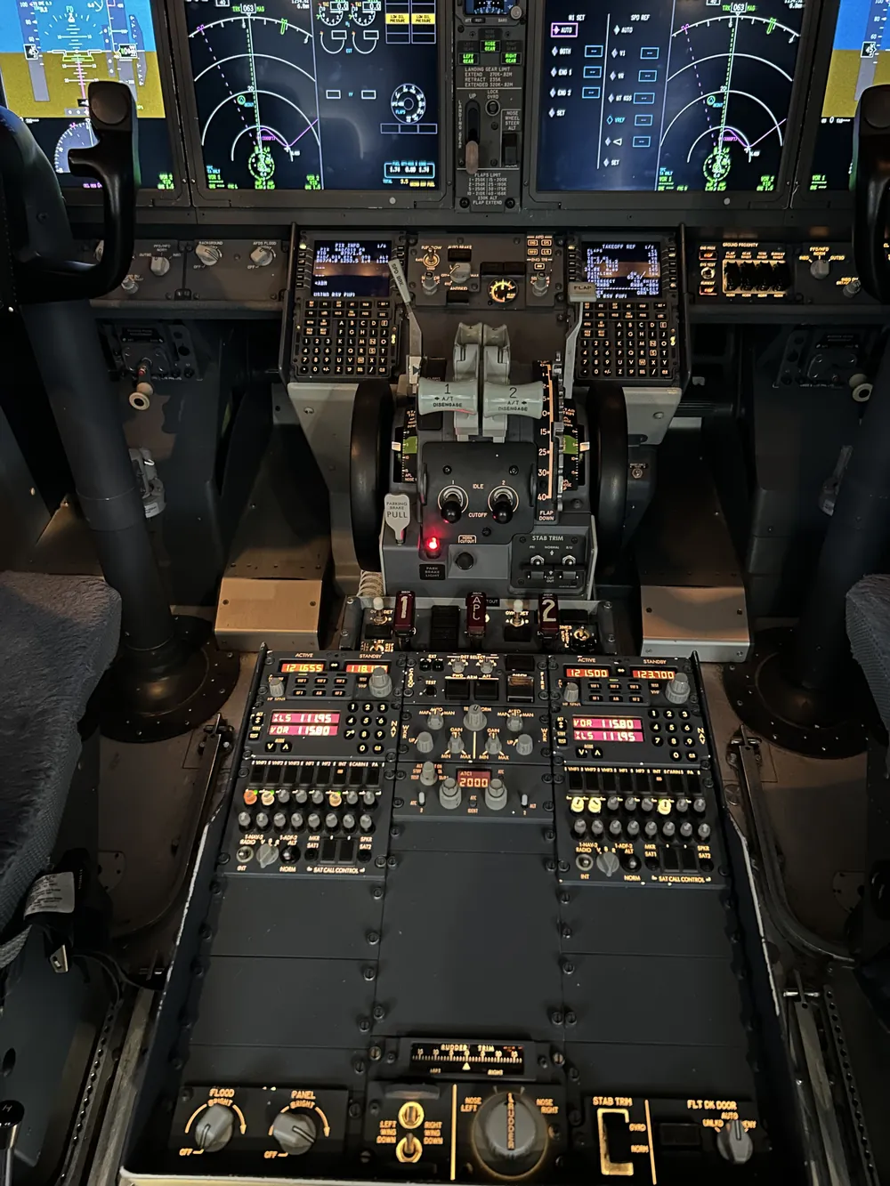 Boeing 737 MAX simulator centre pedestal and control panels